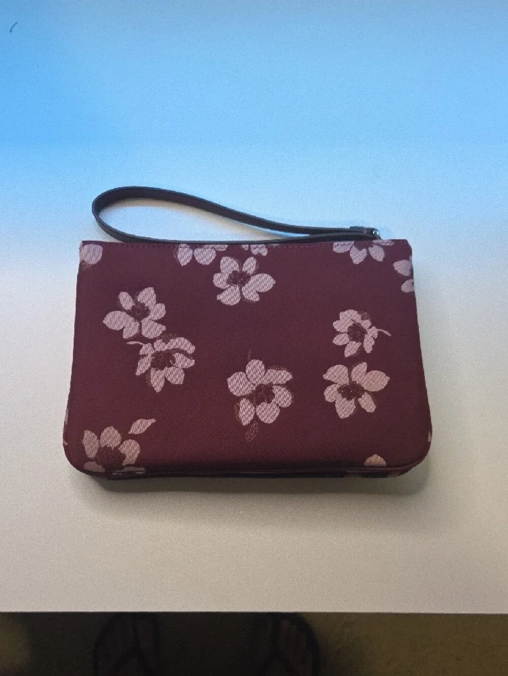 kate spade Burgundy Floral Wristlet with Pink Blossoms